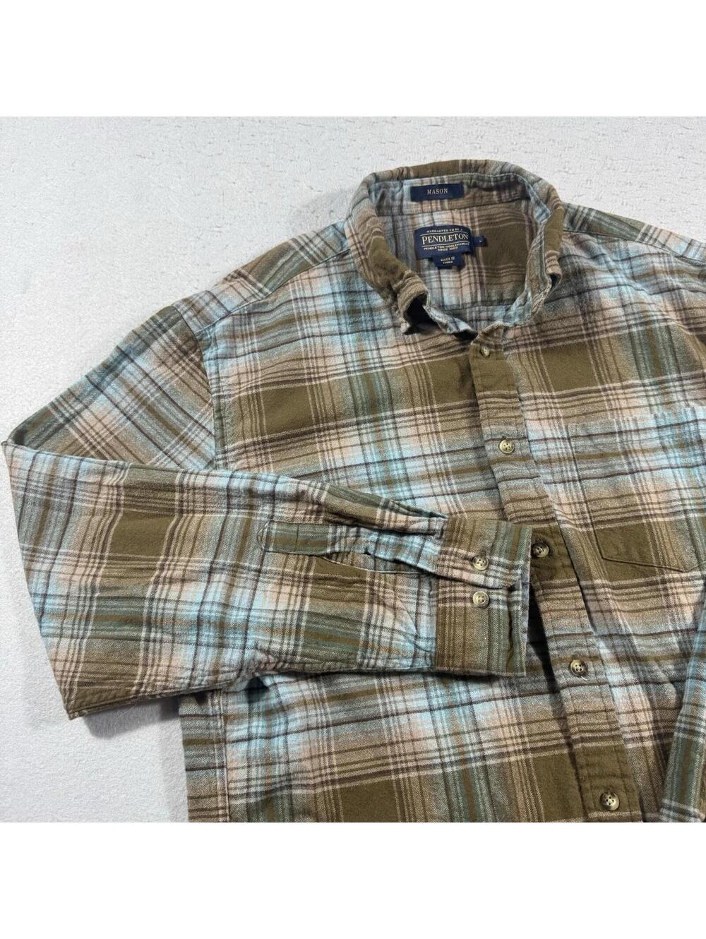 Pendleton Mason Plaid Flannel Shirt Men’s Large Blue Brown Cotton
